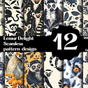 May include: Twelve seamless patterns featuring black and white illustrations of lemurs in various poses. The patterns are set against a variety of backgrounds, including white, black, and yellow. The text "Lemur Delight Seamless pattern design" is displayed at the top of the image.