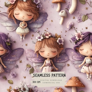 Puede incluir: Un patrón sin costuras con tres hadas con alas moradas y blancas, durmiendo sobre un fondo morado claro con hongos y flores. El texto "Seamless Pattern", "Digital Download", "300 DPI" y "Commercial Use" se muestra en la parte inferior de la imagen.