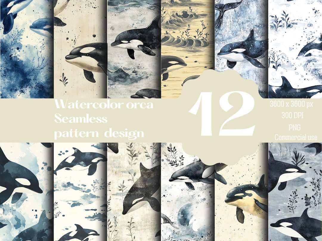 Watercolor Orca Seamless Pattern - Ocean Theme Digital Paper for ...
