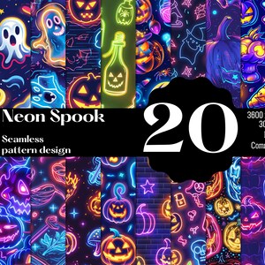 Puede incluir: Un conjunto de 20 patrones sin costuras de temática de Halloween en color neón. Los patrones presentan fantasmas, calabazas, calaveras y otros elementos espeluznantes. Los patrones son perfectos para crear fondos espeluznantes, papel de regalo u otras manualidades de Halloween.