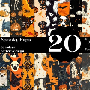 May include: A set of 20 digital seamless patterns featuring cute dogs dressed in Halloween costumes. The patterns are in various colors, including orange, black, and white, and feature pumpkins, bats, and other Halloween-themed elements. The patterns are 3600 x 3600 pixels and 300 DPI.