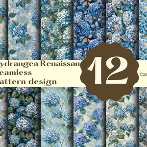 Puede incluir: Doce diseños digitales de papel con hortensias azules con hojas verdes sobre un fondo azul claro. El texto "Hydrangea Renaissan Seamless pattern design" está en la parte superior de la imagen. El texto "12" está en un círculo marrón en el centro de la imagen. El texto "Commercial use" está en la parte inferior derecha de la imagen.