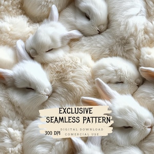 Peut inclure: Un motif sans couture représentant un gros plan d'un groupe de lapins blancs blottis les uns contre les autres. Les lapins dorment les yeux fermés. L'image a une texture douce et duveteuse et une ambiance légère et aérienne.  EXCLUSIVE SEAMLESS PATTERN DIGITAL DOWNLOAD 300 DPI COMMERCIAL USE