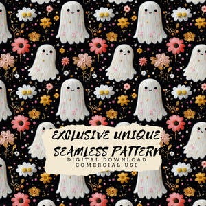 Puede incluir: Un patrón sin costuras con fantasmas blancos con caras sonrientes y flores rosas, amarillas y blancas sobre un fondo negro. El texto "EXCLUSIVE UNIQUE SEAMLESS PATTERN DIGITAL DOWNLOAD COMERCIAL USE" se superpone al patrón.