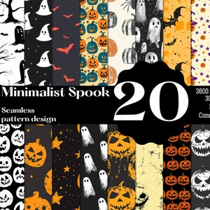 Puede incluir: Un conjunto de 20 patrones digitales sin costuras que presentan diseños minimalistas de Halloween. Los patrones incluyen fantasmas, murciélagos, calabazas y estrellas en negro, blanco, naranja y amarillo sobre un fondo negro. El texto "Minimalist Spook" y "Seamless pattern design" está incluido en la imagen.