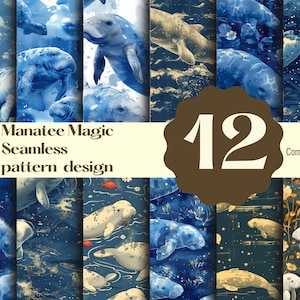 Puede incluir: Doce patrones sin costuras con manatíes en varios tonos azules y dorados. Los patrones incluyen diseños de acuarela, noche estrellada y florales. El texto "Manatee Magic Seamless pattern design" y "Commercial use" también se incluye en la imagen.