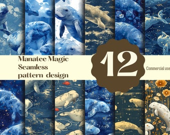 Manatee Watercolor Seamless Pattern Ocean Theme, Printable Scrapbook Paper