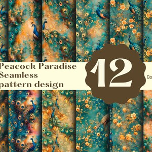 Puede incluir: Un conjunto de 12 patrones digitales sin costuras con pavos reales y flores en tonos de azul verdoso, dorado y marrón. El texto "Peacock Paradise Seamless pattern design" y "Commercial use" es visible en la imagen.