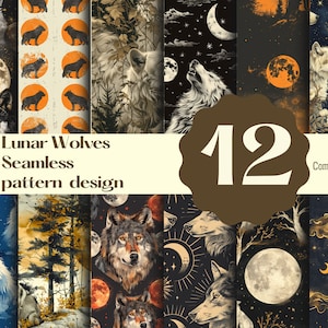 Puede incluir: Un conjunto de 12 patrones digitales sin costuras que presentan lobos aullando a la luna, con una variedad de fondos que incluyen cielos estrellados, bosques y lunas. El texto "Lunar Wolves Seamless pattern design" y "12" se muestran en una pancarta marrón. El texto "Commercial use" se muestra en una pancarta blanca.