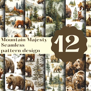 Puede incluir: Un conjunto de 12 diseños de patrones sin costuras con osos marrones en un entorno forestal. Los patrones son perfectos para manualidades, scrapbooking y otros proyectos creativos. El texto "Mountain Majesty Seamless pattern design" y "Commercial use" se incluye en la imagen.