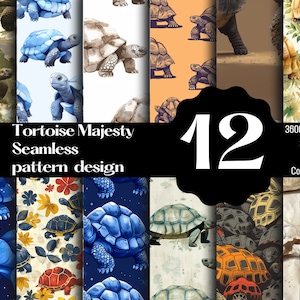 Puede incluir: Doce patrones sin costuras con varios diseños de tortugas. Los patrones incluyen tortugas azules, verdes, marrones y naranjas sobre diferentes fondos, como blanco, azul y beige.