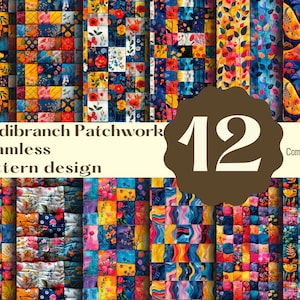 Puede incluir: Un conjunto de 12 patrones digitales sin costuras de patchwork con diseños florales y geométricos vibrantes en una variedad de colores, incluidos el azul, el amarillo, el rojo y el verde. Los patrones son perfectos para manualidades, scrapbooking y otros proyectos creativos.  Nudibranch Patchwork Seamless pattern design. Commercial use.