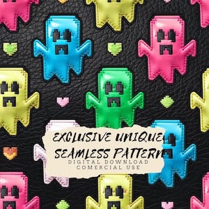 Puede incluir: Un patrón sin costuras que presenta personajes de fantasmas pixelados en varios colores, incluidos azul, rosa, verde y amarillo, sobre un fondo de cuero negro. El texto "EXCLUSIVE UNIQUE SEAMLESS PATTERN DIGITAL DOWNLOAD COMERCIAL USE" se muestra en un rectángulo blanco.