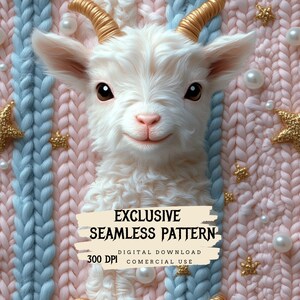 Puede incluir: Una cabra bebé blanca con cuernos dorados está acurrucada en una tela de punto rosa y azul con cuentas de perla y estrellas doradas. El texto "EXCLUSIVE SEAMLESS PATTERN" está escrito en un rectángulo blanco con un contorno marrón. Debajo del texto, dice "DIGITAL DOWNLOAD 300 DPI COMMERCIAL USE".