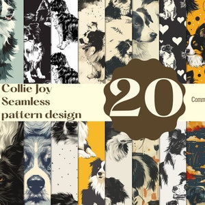 Puede incluir: Un conjunto de 20 patrones digitales sin costuras con perros border collie en varias poses y fondos. Los patrones son de varios colores y estilos, incluyendo blanco y negro, amarillo, azul y rojo. El texto "Collie Joy Seamless pattern design" y "Commercial use" también se incluye en la imagen.