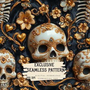 Puede incluir: Un patrón sin costuras que presenta una calavera de azúcar blanca con adornos dorados y plateados, rodeada de diseños florales y corazones. El texto "Exclusive Seamless Pattern" se muestra en una pancarta blanca con un contorno negro. El texto "Digital Download 300 DPI Commercial Use" se muestra debajo de la pancarta.