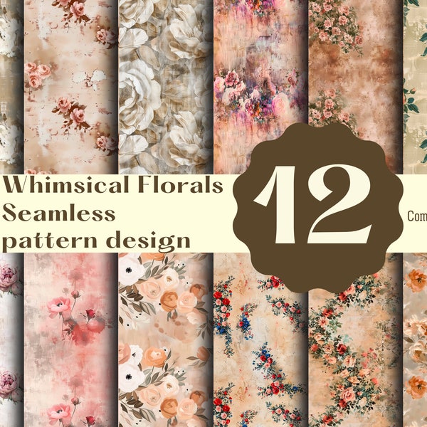 Handpainted Florals, printable scrapbook paper of seamless rose patterns for commercial use instant download and sublimation