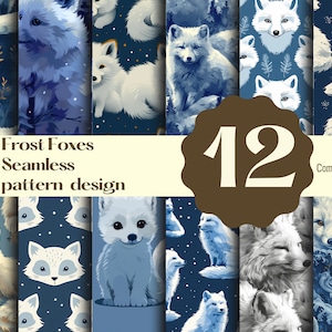Puede incluir: Doce patrones sin costuras con zorros árticos blancos sobre un fondo azul con estrellas blancas. Los patrones se titulan "Frost Foxes Seamless pattern design" y "Uso comercial".