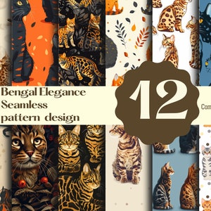 Puede incluir: Doce patrones sin costuras con gatos de Bengala en varias poses y colores. Los patrones incluyen fondos negros, naranja, marrón, blanco y gris con diferentes diseños, como lunares, hojas y elementos florales. El texto "Bengal Elegance Seamless pattern design" y "Commercial use" también se incluye en la imagen.