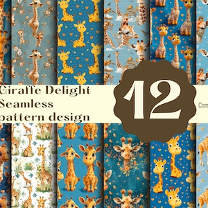 Puede incluir: Un conjunto de 12 patrones digitales sin costuras con lindas jirafas de dibujos animados en varias poses y colores. Los patrones son perfectos para manualidades, scrapbooking y otros proyectos creativos.  "Giraffe Delight Seamless pattern design" y "Commercial use" están escritos en la imagen.