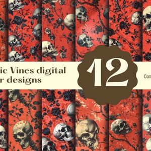 Puede incluir: Doce diseños de papel digital con un patrón gótico de rosas negras y calaveras sobre un fondo rojo. El texto "Gothic Vines digital paper designs" y "Commercial use" también se incluye en la imagen.