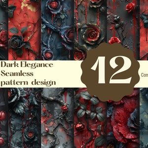 Puede incluir: Doce patrones sin costuras con rosas de color rojo oscuro y negro con sangre goteando sobre un fondo texturizado y agrietado. El texto "Dark Elegance Seamless pattern design" se muestra en una pancarta blanca.