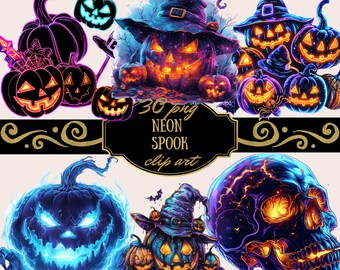 Halloween Neon Clipart Pack - PNG Ephemera, Lebendige Designs für Basteln, Scrapbooking, digitale Projekte, hochauflösender Download