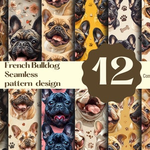 Puede incluir: Un conjunto de 12 patrones sin costuras con Bulldog Francés en varias poses y colores. Los patrones incluyen huellas de patas, huesos y diseños florales. El texto "French Bulldog Seamless pattern design" y "12" son visibles en el centro de la imagen. El texto "Commercial use" es visible en la esquina inferior derecha de la imagen.