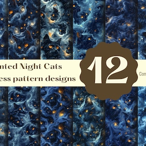 Puede incluir: Un conjunto de 12 diseños de patrones sin costuras que presentan gatos negros con ojos brillantes en una nebulosa azul y dorada en espiral. El texto "Enchanted Night Cats" y "Seamless pattern designs" se muestra sobre los patrones. El texto "12" y "Commercial use" se muestra debajo de los patrones.