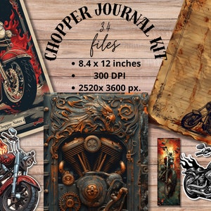 Puede incluir: Un kit digital imprimible para crear un diario con temática de motocicleta. El kit incluye 34 archivos, 8,4 x 12 pulgadas, 300 DPI, 2520x 3600 píxeles. El kit presenta una ilustración de motocicleta vintage, un diseño de motor de estilo steampunk y un fondo de papel desgastado.