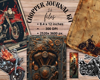 May include: A digital printable kit for creating a journal with a motorcycle theme. The kit includes 34 files, 8.4 x 12 inches, 300 DPI, 2520x 3600 pixels. The kit features a vintage motorcycle illustration, a steampunk-style engine design, and a distressed paper background.