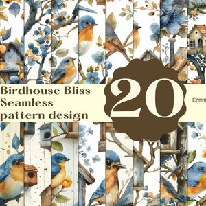Puede incluir: Un conjunto de 20 patrones digitales sin costuras con ilustraciones de acuarela de pájaros azules, casas para pájaros y elementos florales. Los patrones son perfectos para manualidades, scrapbooking y otros proyectos creativos.  "Birdhouse Bliss Seamless pattern design" y "Commercial use" están escritos en la imagen.