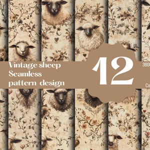 Puede incluir: Doce patrones sin costuras de ovejas vintage en un esquema de color beige y marrón con acentos florales. Los patrones son de 3600 x 3600 píxeles, 300 DPI, formato PNG y para uso comercial.