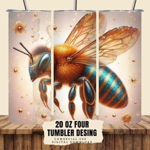 Puede incluir: Un diseño de descarga digital para un vaso de 20 onzas con un primer plano de una abeja con detalles de purpurina dorada y turquesa sobre un fondo rosa. El texto "20 oz Four Tumbler Desing Commercial Use Digital Download" está en la parte inferior de la imagen.