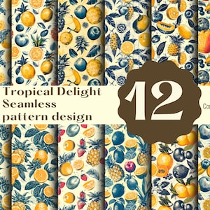 Puede incluir: Doce patrones sin costuras que presentan frutas tropicales y plantas en un estilo vintage. Los patrones son en tonos de azul, amarillo y naranja sobre un fondo crema. El texto "Tropical Delight Seamless pattern design" está en la parte superior de la imagen, y el número "12" está en el centro de la imagen. El texto "Commercial use" está en la parte inferior de la imagen.