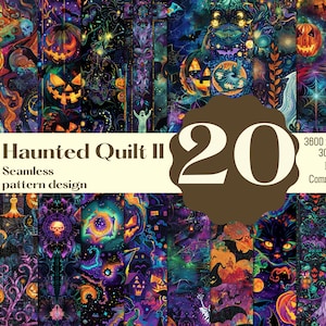 Puede incluir: Un conjunto de 20 patrones de Halloween sin costuras. Los diseños presentan calabazas, murciélagos, fantasmas y otros elementos espeluznantes en una vibrante paleta de colores púrpura, naranja y verde azulado. El texto "Haunted Quilt II" y "Seamless pattern design" también son visibles.