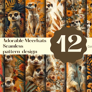 Puede incluir: Doce patrones digitales sin costuras con adorables suricatas en una variedad de poses con fondos florales y de follaje. Los patrones están en tonos cálidos de naranja, amarillo, marrón y verde. El texto "Adorable Meerkats Seamless pattern design" está en la parte superior de la imagen. El texto "12" está en un círculo marrón en el centro de la imagen. El texto "Commercial use" está en la parte inferior de la imagen.