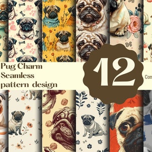 Puede incluir: Un conjunto de 12 diseños de patrones sin costuras con carlinos lindos en varias poses y entornos. Los patrones incluyen diseños florales, huesos y otras imágenes relacionadas con perros. El texto "Pug Charm Seamless pattern design" y "Commercial use" también se incluye en la imagen.