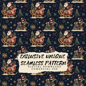 Puede incluir: Un patrón sin costuras que presenta un diseño repetitivo de Papá Noel montando un trineo lleno de regalos sobre un fondo azul oscuro con copos de nieve y estrellas. El texto "EXCLUSIVE UNIQUE SEAMLESS PATTERN DIGITAL DOWNLOAD COMERCIAL USE" se superpone al patrón.
