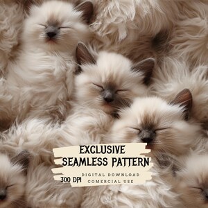 Puede incluir: Un patrón sin costuras que presenta un primer plano de varios gatitos blancos y crema durmiendo sobre una superficie blanca y esponjosa. Los gatitos tienen los ojos cerrados y están acurrucados juntos. El texto "EXCLUSIVE SEAMLESS PATTERN" está escrito en negro sobre un fondo blanco con un contorno amarillo. El texto "DIGITAL DOWNLOAD 300 DPI COMMERCIAL USE" está escrito en negro debajo del texto principal.