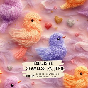 Op de afbeelding: Een naadloos patroon met pluche, garen-achtige vogels in roze, oranje en paarse kleuren. De vogels zijn omringd door harten en sterren op een roze achtergrond. De tekst "EXCLUSIVE SEAMLESS PATTERN" wordt weergegeven in een zwart lettertype op een beige rechthoek. De tekst "DIGITAL DOWNLOAD 300 DPI COMMERCIAL USE" wordt weergegeven in een zwart lettertype op een witte rechthoek.