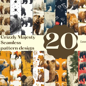 Puede incluir: Un collage digital de 20 patrones sin costuras con osos grizzly en varias poses y entornos. Los patrones son de varios colores, incluyendo marrón, negro, blanco y azul. El texto "Grizzly Majesty Seamless pattern design" y "20" se muestra en el centro de la imagen. El texto "Commercial use" se muestra en la esquina inferior derecha de la imagen.