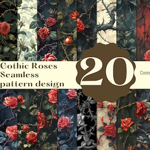 Puede incluir: Un conjunto de 20 patrones digitales sin costuras que presentan rosas rojas góticas con espinas y hojas sobre varios fondos oscuros. El texto "Gothic Roses Seamless pattern design" y "Commercial use" está incluido en la imagen.