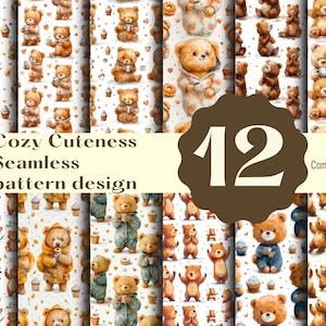 Puede incluir: Doce patrones sin costuras de acuarela con osos lindos en varias poses, sosteniendo tazas, usando pijamas y disfrutando de golosinas. Los patrones son perfectos para manualidades, scrapbooking y proyectos digitales.  Se permite el uso comercial.