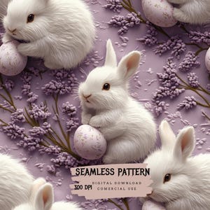 Puede incluir: Un patrón sin costuras con conejos blancos sosteniendo huevos de Pascua de color rosa pastel con diseños florales. El fondo es de un morado suave con ramitas de lavanda.