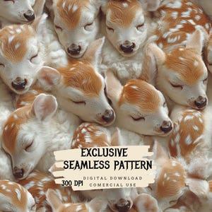 Puede incluir: Un patrón sin costuras que presenta un primer plano de un grupo de faunos durmiendo con pelaje marrón y blanco moteado. El patrón está etiquetado como "Patrón sin costuras exclusivo" con el texto "Descarga digital 300 DPI Uso comercial".