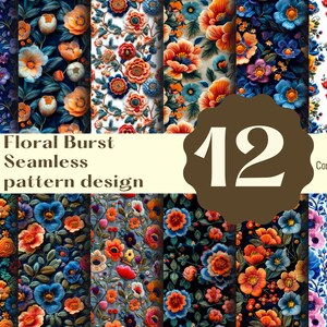 Puede incluir: Doce patrones florales sin costuras que presentan una variedad de flores coloridas, incluyendo rojo, naranja, amarillo, azul y morado. Los patrones son perfectos para usar en proyectos digitales e impresos.