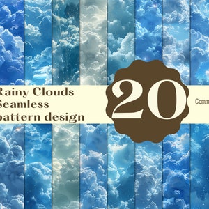 Puede incluir: Una colección de 20 diseños de patrones sin costuras con varias formaciones de nubes en tonos de azul y blanco. La imagen incluye el texto "Rainy Clouds Seamless pattern design" y "Commercial use".