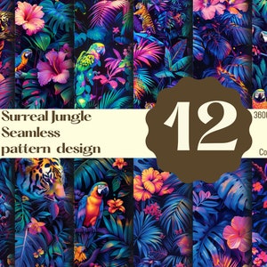 Puede incluir: Un conjunto de 12 patrones digitales sin costuras que presentan una escena de jungla surrealista con colores vibrantes, plantas exóticas, loros y tigres. Los patrones son de 3600 x 3600 píxeles y 300 DPI.