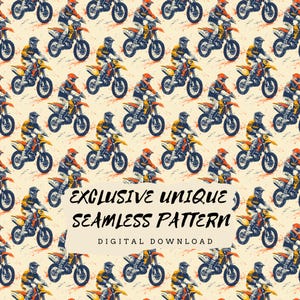 May include: A seamless pattern featuring a repeating design of motocross riders on dirt bikes. The riders are wearing helmets and racing gear, and the bikes are in various shades of blue, yellow, and orange. The background is a light beige colour.